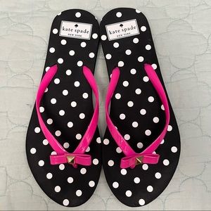 Late Spade Black Flip Flops w White Polka Dots Hot Pink Straps & Bows — size 8